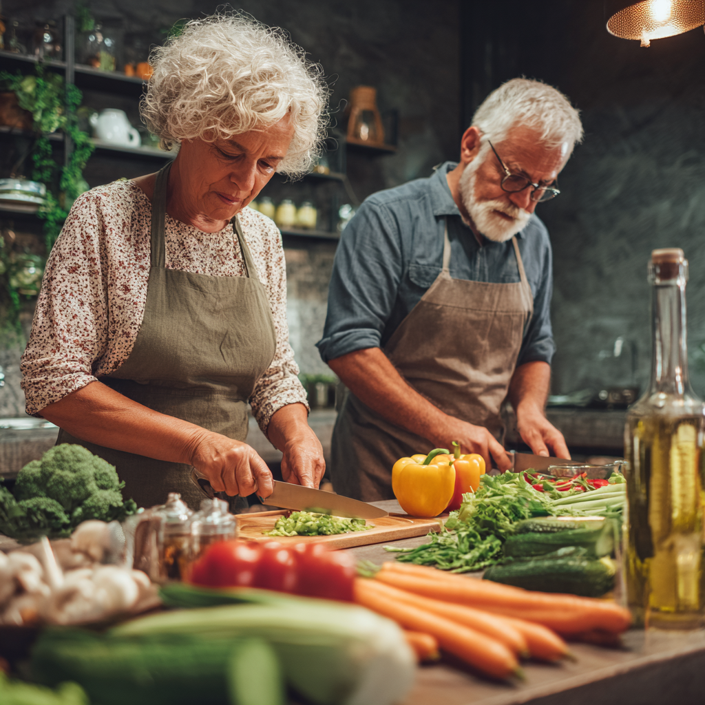 Middle-aged adults preparing healthy nutritious meal with fresh vegetables and natural ingredients