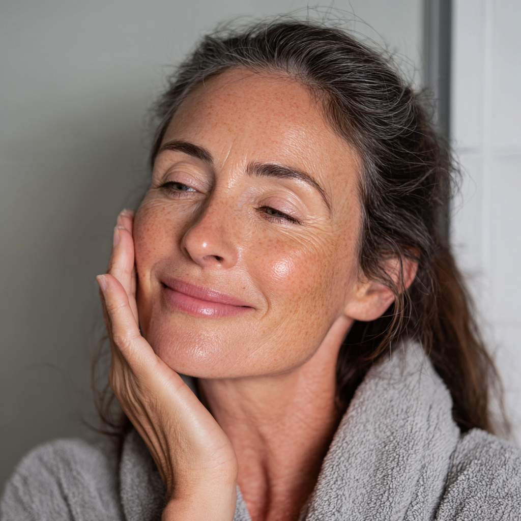 Middle-aged woman with healthy glowing skin using natural skincare routine
